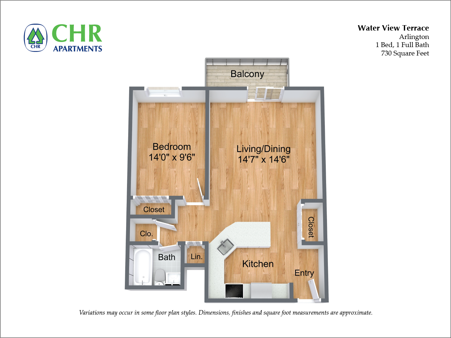 Floor plan for 1 bed, 1 bath, 730 sqft